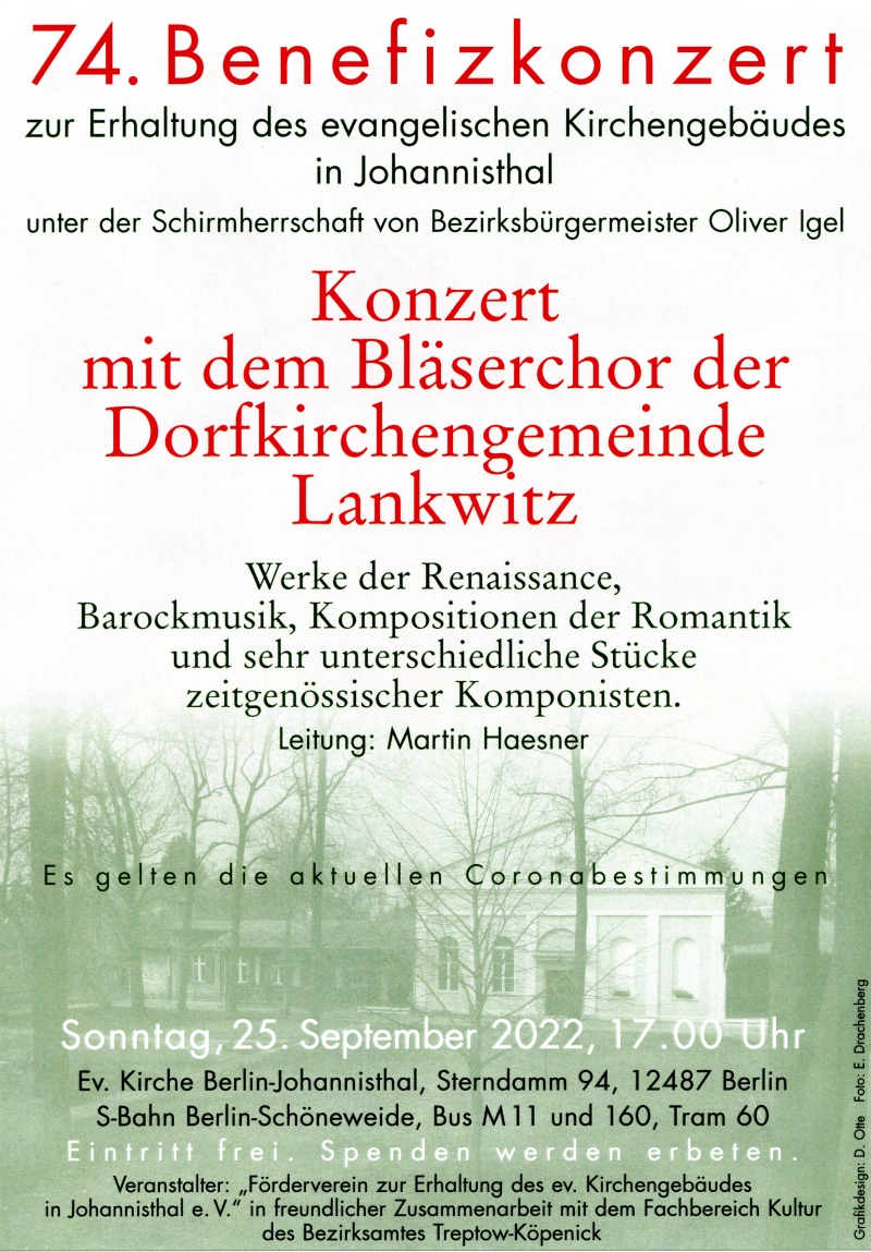 74. Benefizkonzert - Konzert mit dem Bläserchor der Dorfkirchengemeinde Lankwitz - Sonntag, 25. September 2022 17 Uhr